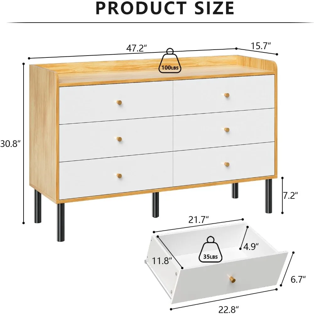 6 Drawer Natural Wood Dresser with Wide Drawer and Metal Handles, Modern Dressers & Chests of Drawers for Hallway Entryway