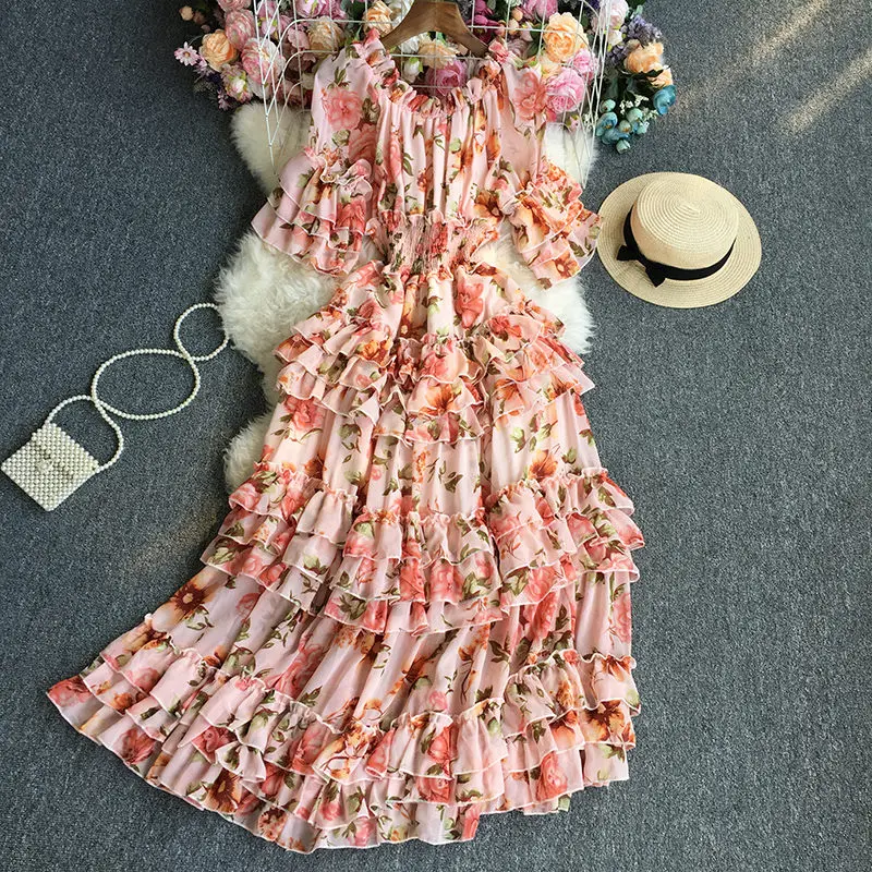 Floral Slash Collar Off The Shoulder Short Sleeve Dress 2023 Spring Summer Fashion Slim Printed Elegant Korean Women Dress T1603