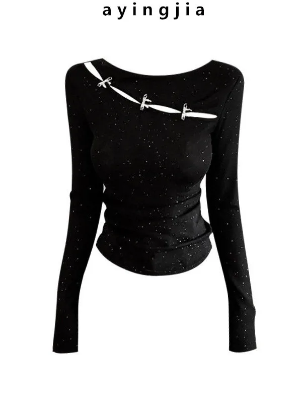 

Sexy Long Sve Hollow out T-irt Women's Knot Slimming Base irt Sparkling Drill Detailing Spring Summer Top