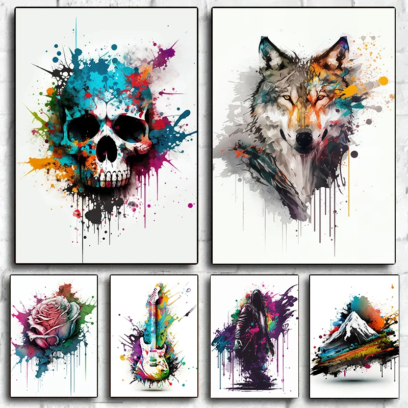 

Graffiti Art Watercolor Skull Wolf Rose Guitar Posters Abstract Canvas Painting Wall Art For Modern Living Room Home Decoration