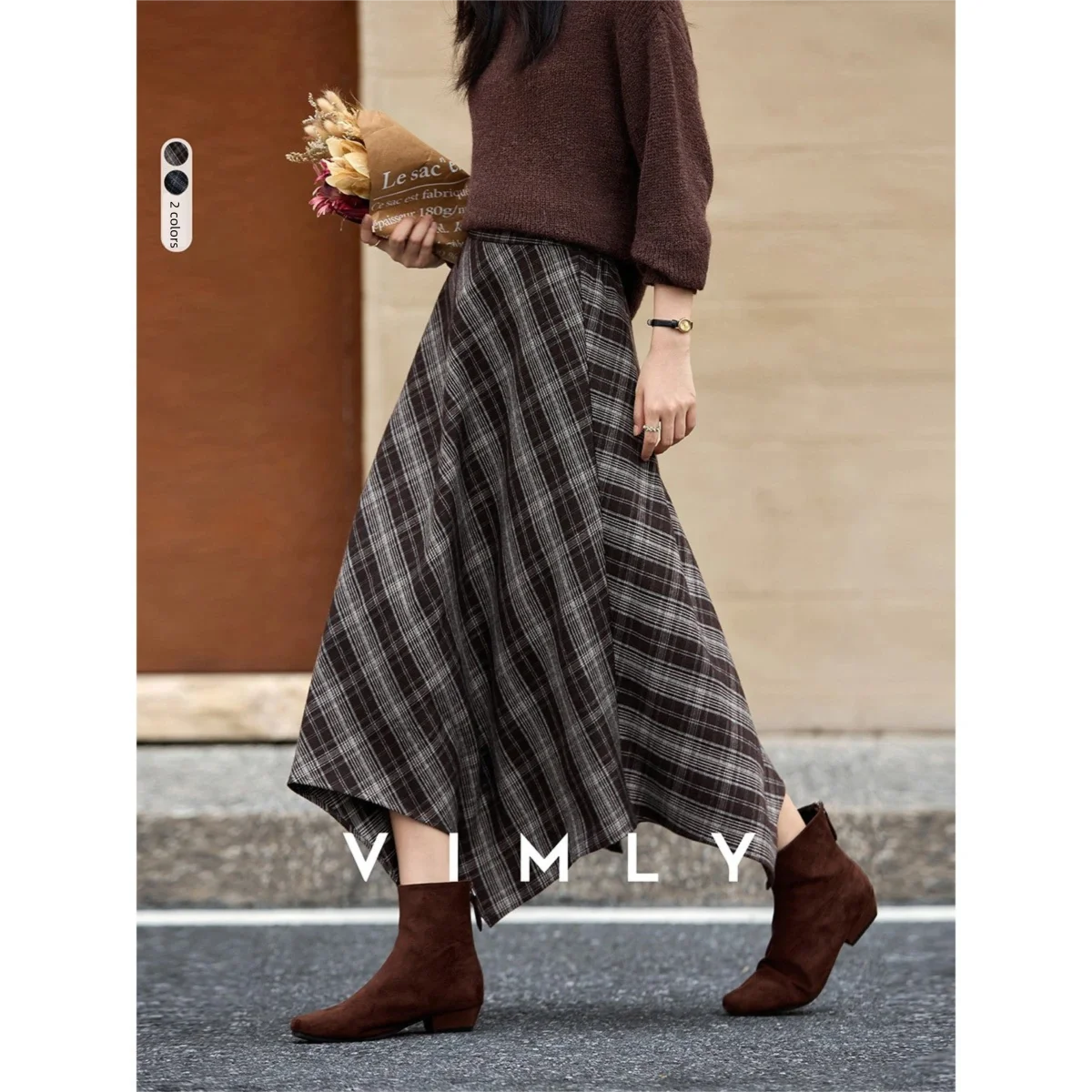 กระโปรงลายสก็อตวินเทจ VIMLY สำหรับผู้หญิง คอลเลคชั่นฤดูใบไม้ร่วง 2025 กระโปรงทรงเอ ชายกระโปรงไม่เท่ากัน ทรงยาว ทรงหลวม ใส่ได้หลากหลาย รุ่น A2976