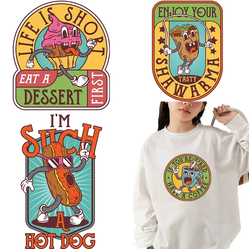 Breakfast Hamburger Cola Coffee cartoon design iron on transfer for clothing dtf transfers ready to press Heat Transfer Printing