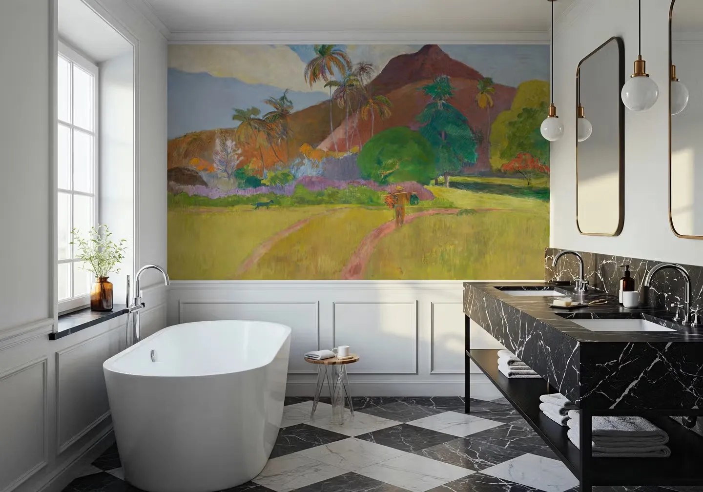Customized Wallpaper Hand drawn Mountain Coconut Trees Rice Fields Oil Painting Background Wallpaper Home Decoration 3d murals