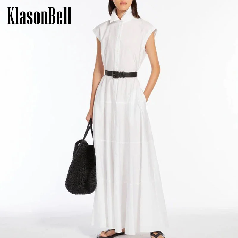 

7.14 KlasonBell Women Elegant Lapel Sleeveless Spliced A-Line Hem Long Dress Holiday Casual Belt Collect Waist Cotton Dress