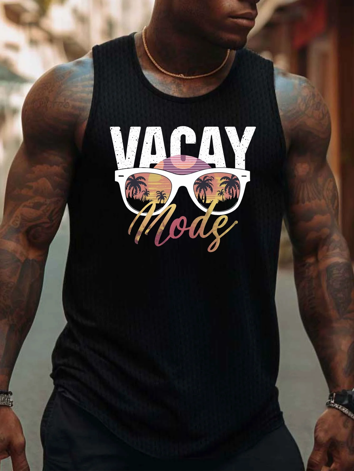 

Tropical sunset print men's vest, casual sleeveless sports vest, breathable and comfortable top garment