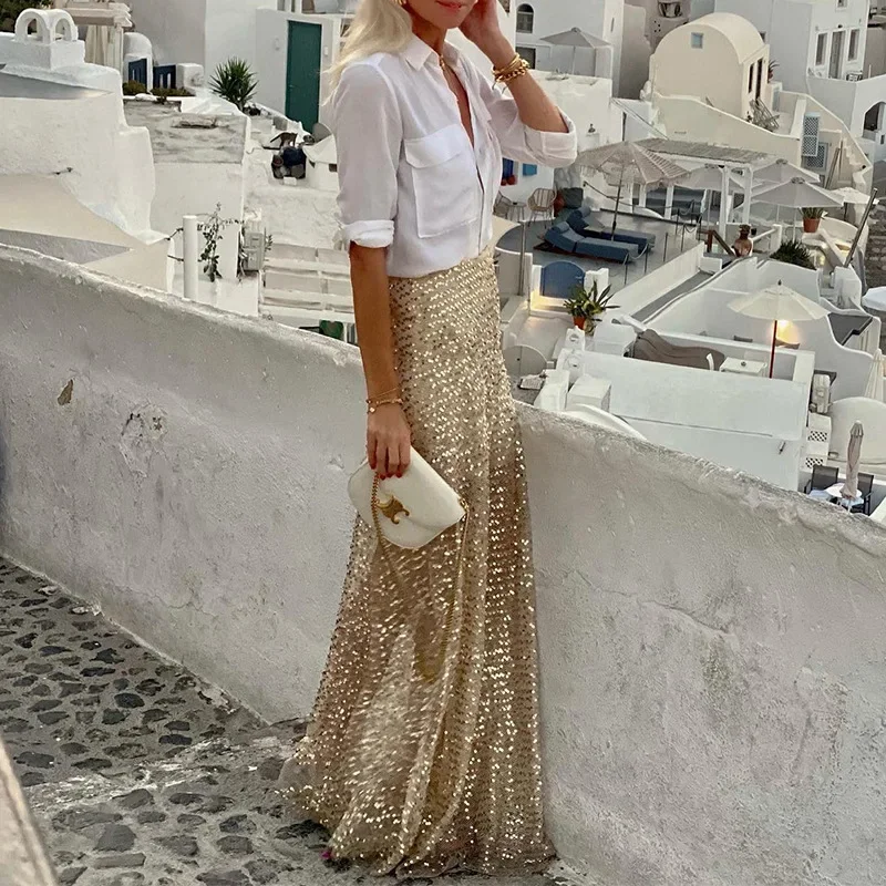 2025 New Gold Sequin High Waist Midi Skirt Women Fashion Elegant Temperament Evening Party Gown Black Option