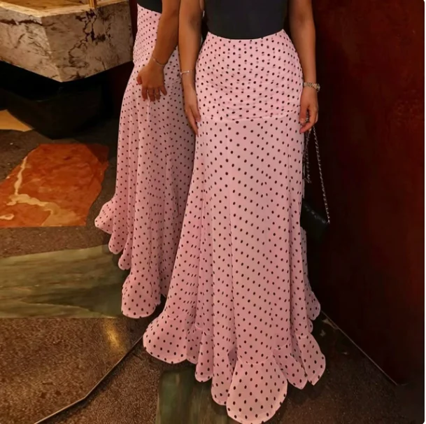 Polka Dot Midi Skirt Women's Chiffon High Waist Fish Tail