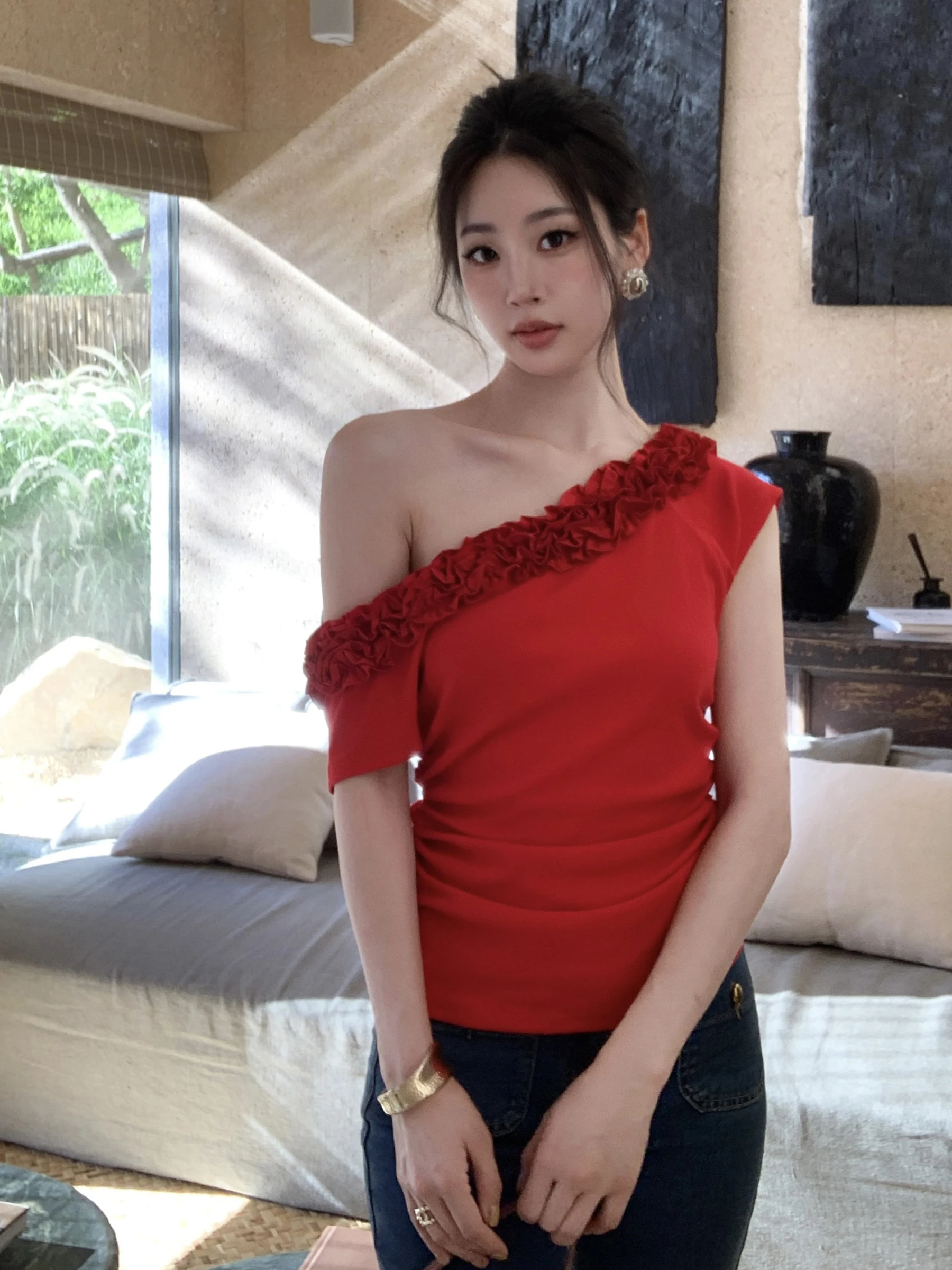 

Оригинальный женский облегающий топ SYT oulder Bared Floral ort Sve T irt, новый летний плиссированный топ без рукавов сбоку