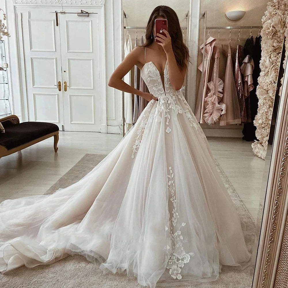 Deep V-Neck A-Line Women Wedding Dresses Glitter Fluffy Tulle Beach Bride Gowns Mopping Length Engagement Ball Vestidos De Novia