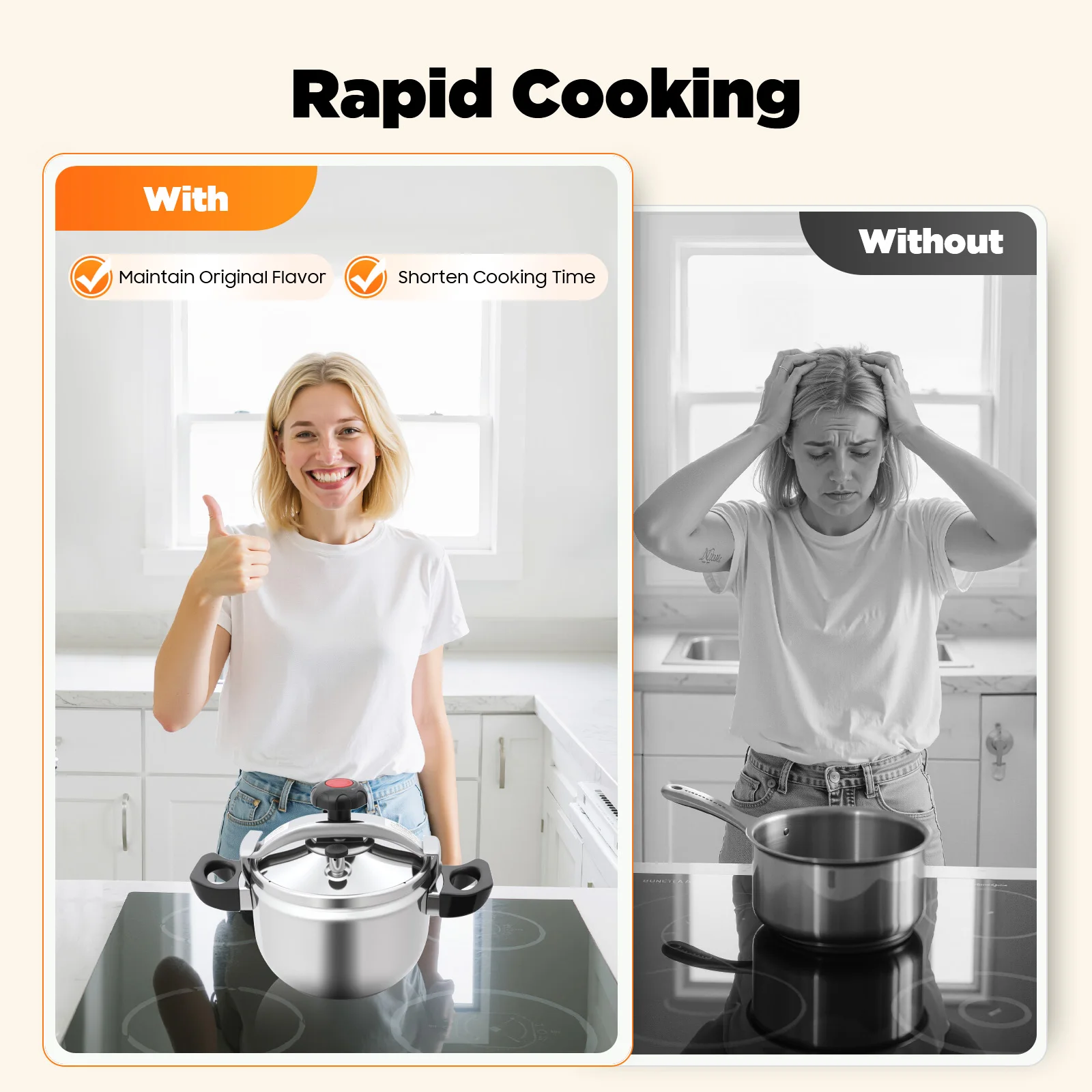 7.4 Qt 201 Stainless Steel Pressure Cooker,60KPa High Pressure & 3-Layer Base, Auto Safety Valve, Multi-Stove Compatible