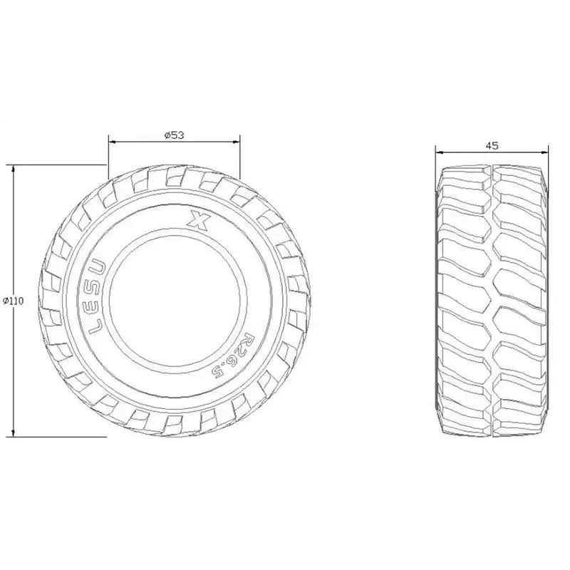 1 par de neumáticos de goma Lesu de 45mm de altura de 110mm para juguetes de Control remoto 1/15 cargador hidráulico accesorios de coche Rc