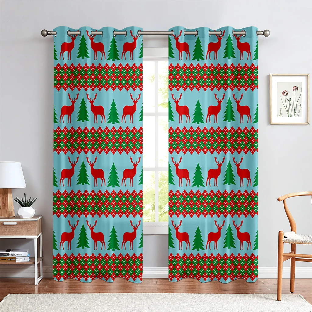 2pcs Curtains With Reindeer And Christmas Tree Print, 100% Polyester, Festive Christmas Decor, Gift For Kids