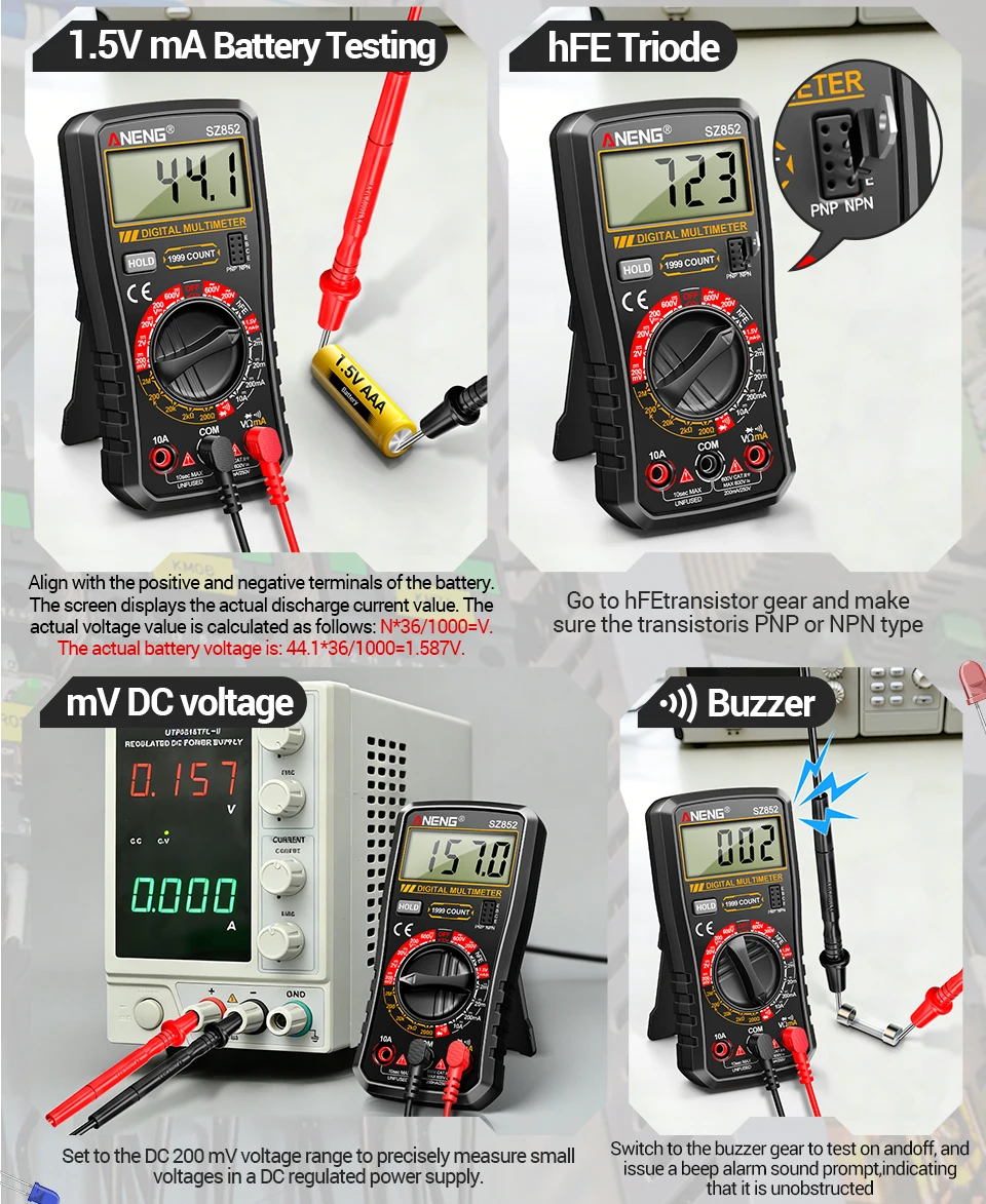 ANENG SZ852 Digitalmultimeter 1999 Zähler AC/DC Spannung/Strom Widerstand Batterie Multiparameter-Messgerät Elektrowerkzeug – Detail 12
