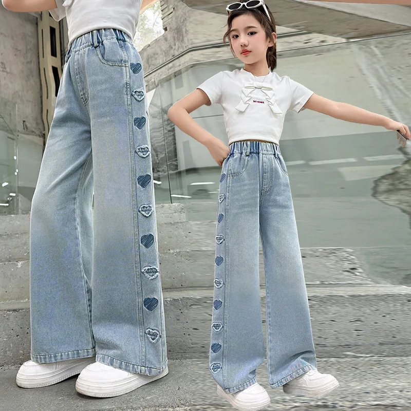 

Cute Girls' Side Seam Spliced Heart Embroidery Jeans Blue Loose Straight Leg Casual Long Pants Summer Trousers