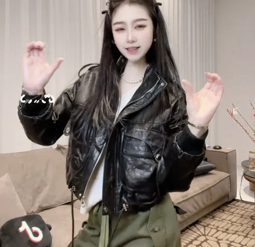 2025年春新作 レディース オートバイ風コート オイルワックスレザー バイカーコート ゆったり着痩せ効果 アウター サイズ展開あり