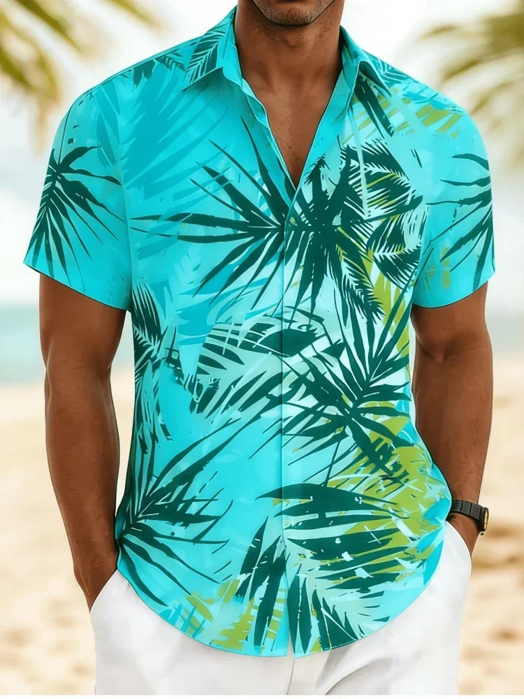 Men's Brushstroke Palm Leaf Print Short Sleeve Shirt Spring Summer Artistic Hawaiian Vacation Blouse Loose Casual Top