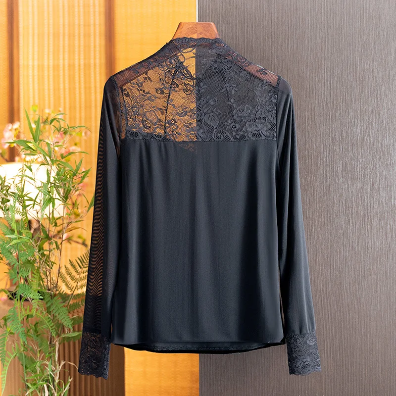 New Chinese-Style Silk Velvet Versatile Lace Base Shirt for Women, 2026 Autumn New Product, National Style Fashionable Long-Sleeve Top for Women