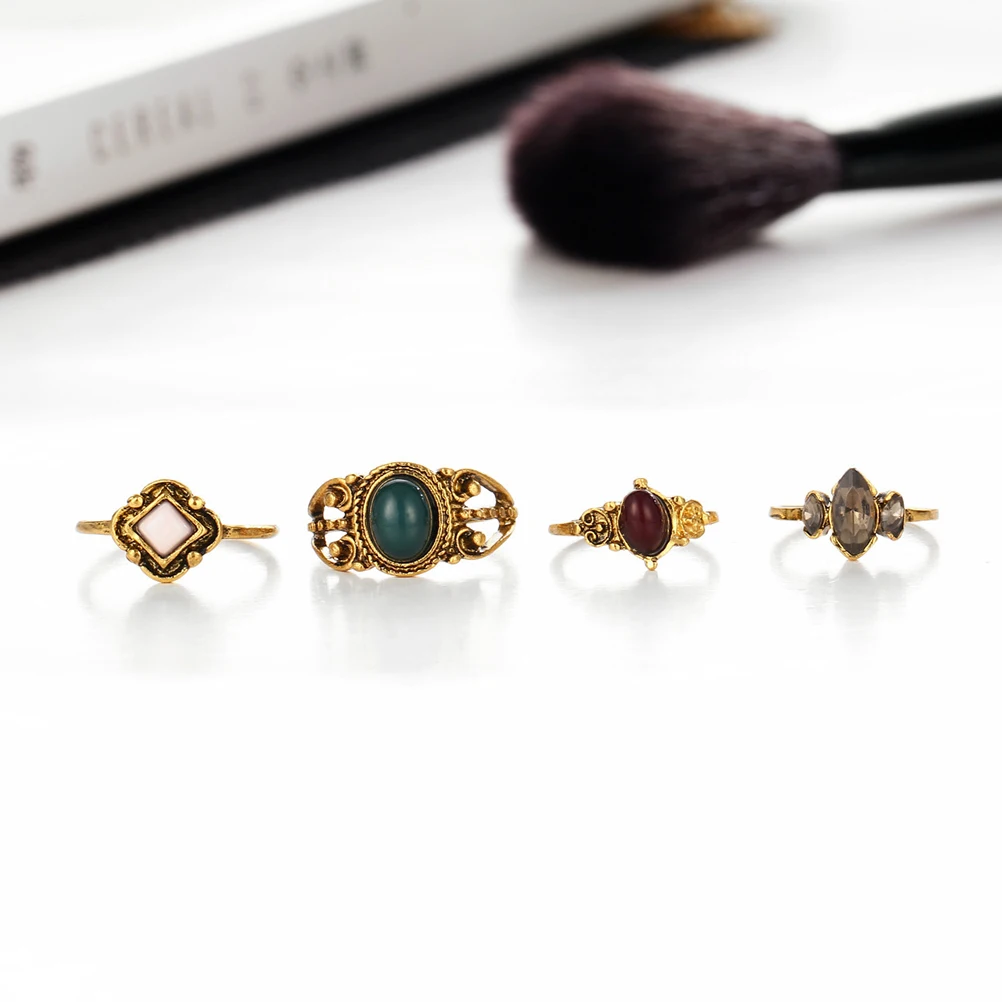 

4pcs Vintage Style Gemstone Ring Set Women Finger Jewelry Knuckle Rings Durable Chic Party Prom Summer Picnic Dancing Soiree
