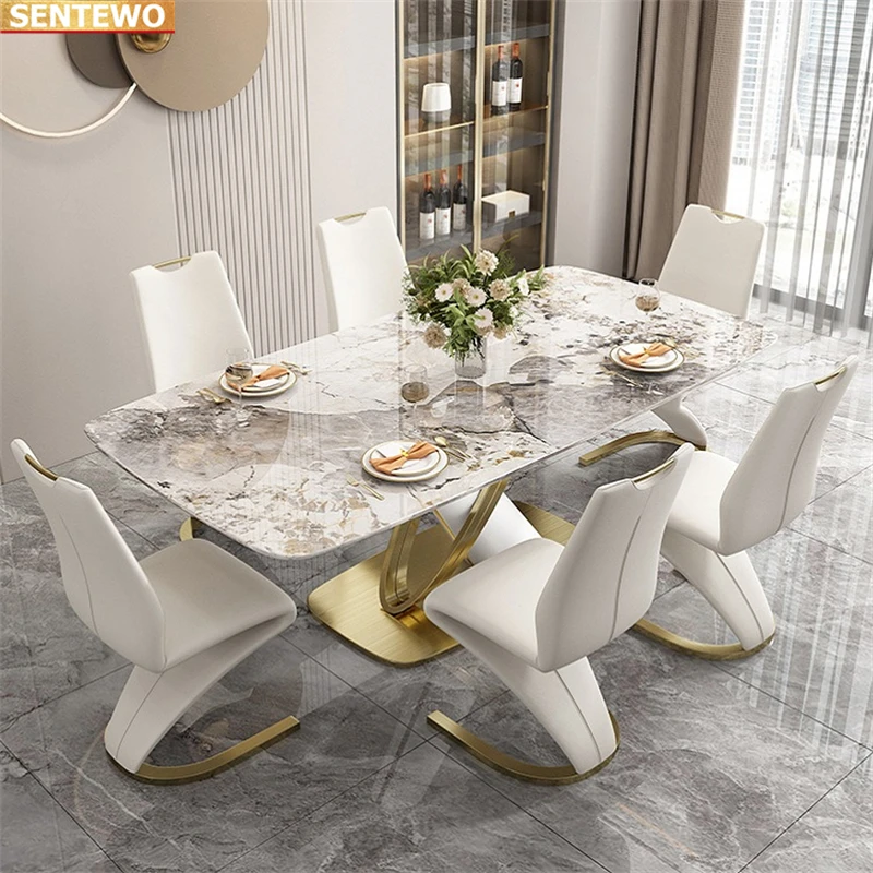 Designer Luxury dinning room Marble Rock Slab dining table set 4 chairs tavolo pranzo furniture marbre Stainless steel gold base