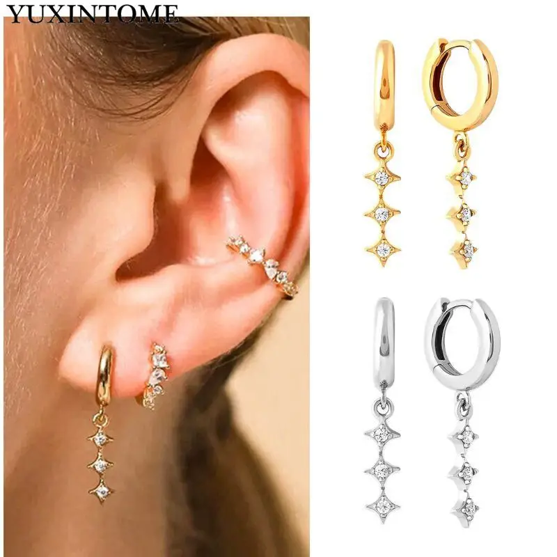 925 sterling silver ear Needle prismatic splicing zircon pendant tassel hoop earrings for women fashion wedding jewelry gifts