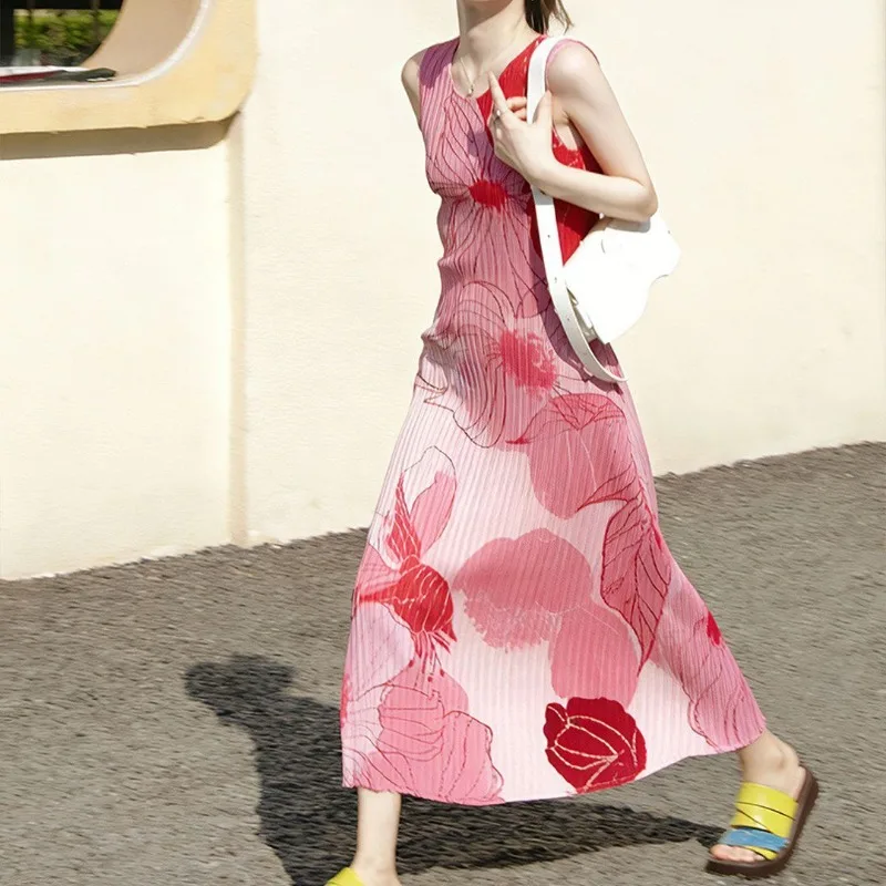 Women Clothes Summer Korean Fashion Printing O-neck Sleeveless Female Simplicity All-match Fashionable Appear Thin Midi Dress