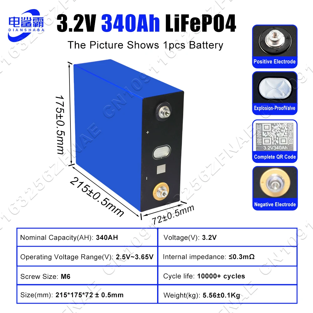 3.2V 340Ah d New Rechargeable Battery DIY 12V 24V 48V Cell Pack Suitable RV EV Boat Golf Cart Yacht Van Boats Battery