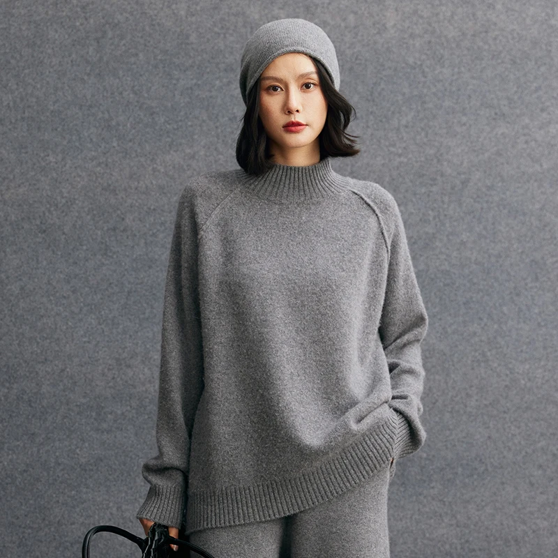 New 100% Premium Cashmere Women Mock Neck Raglan Sleeve Solid Color Sweater Autumn Winter Thick Warm Minimalist Casual Knitwear