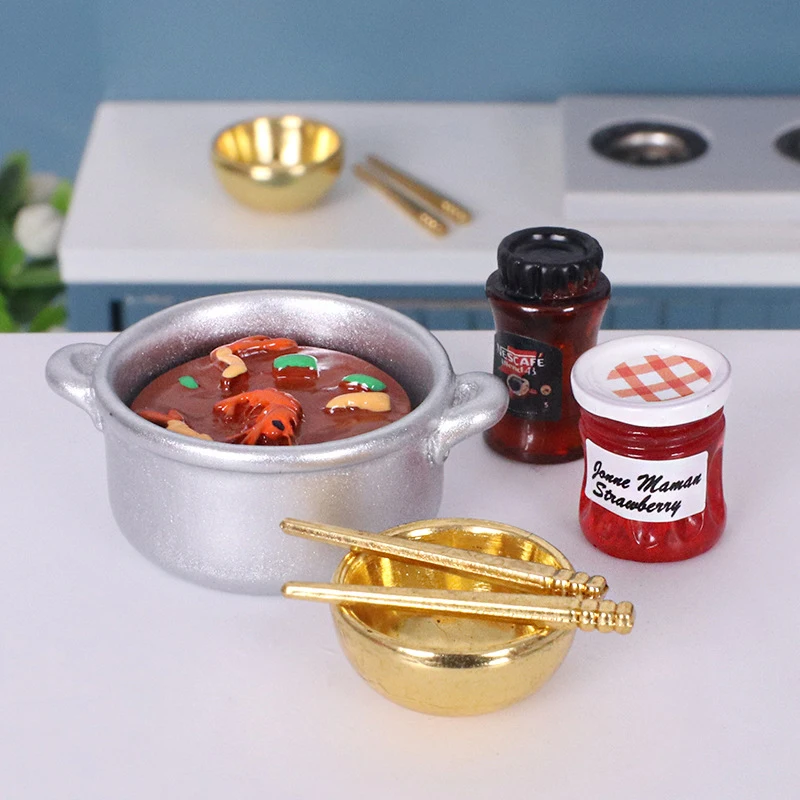 1/12 Casa delle bambole Simulazione Piatto Caldo Kit Da Tavola Con Spezzatino Condimento Casa Delle Bambole In Miniatura Sala Da Pranzo Decor Micro Cucina Giocattoli