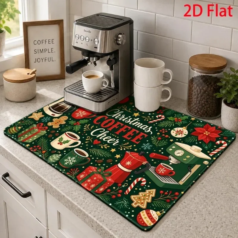 Dish Drying Mat Christmas Coffee Cheer Moka Pot Countertop Splatter Guard Green Festive Pad