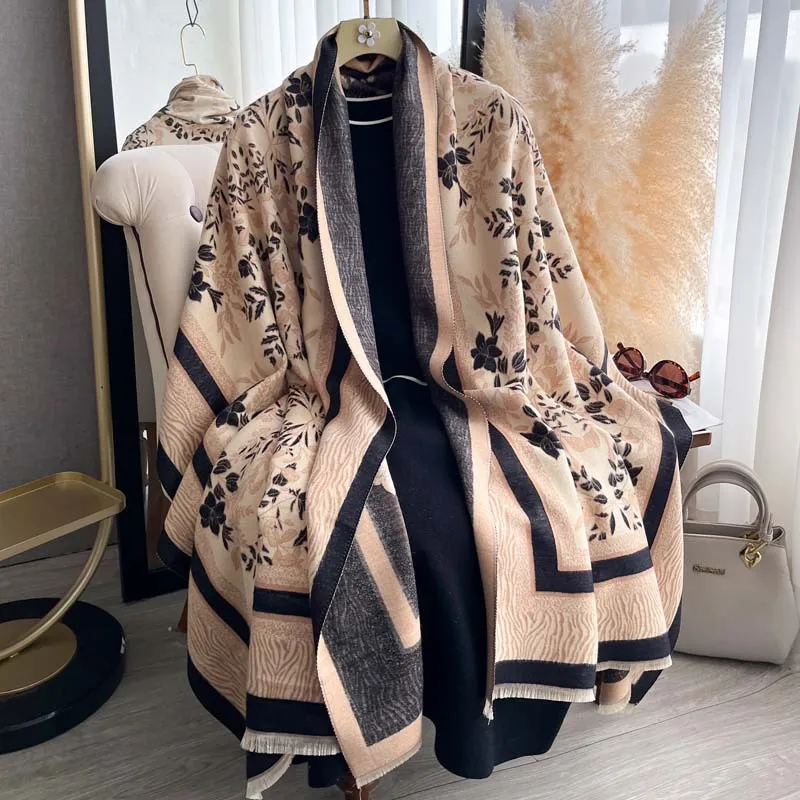 2026 Fall Winter Women Jacquard Imitation Cashmere Scarf Leaf Pattern Thick Warm Long Shawl Wrap Layering Elegant Versatile