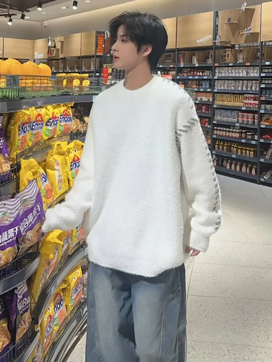 

Теплый мягкий мужской свитер с круглым вырезом, зимний модный брендовый вязаный свитер в американском стиле, базовый слой, повседневный свободный крой, полиэстер...