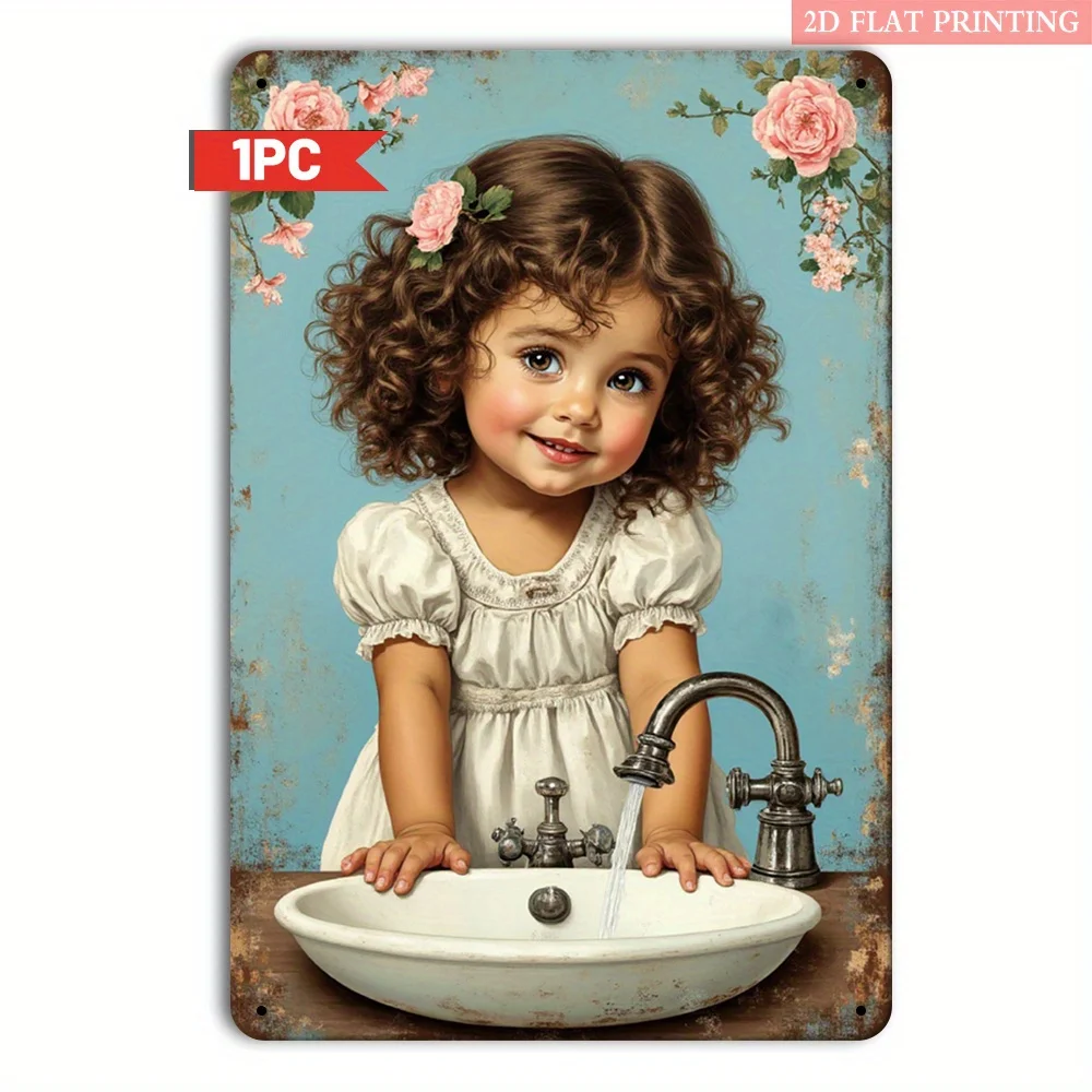 Vintage Farmhouse 8x12" Girl Hand Washing Sign - Turquoise Floral Iron Art - Ideal for Nursery/Bathroom Gift