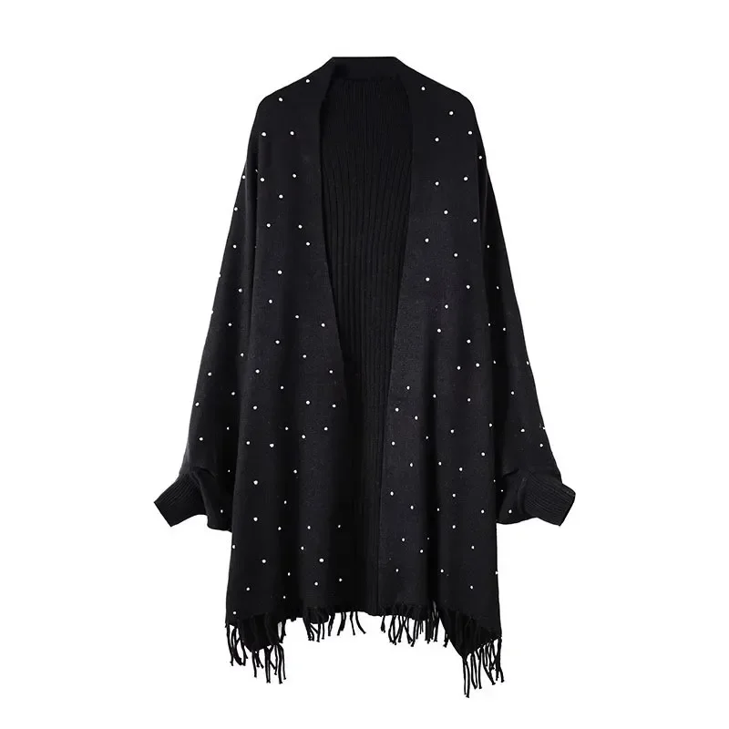 Autumn Winter Loose Mm Knitted Cardigan Mid-length Top Shawl Cape Sweater Jacket Tassel