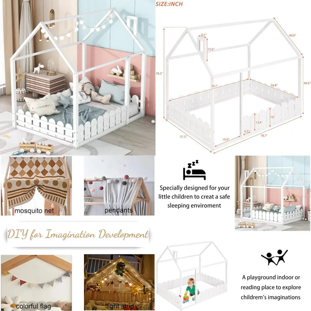 Cama para niños de tamaño completo inspirada en Montessori con barandillas estilo valla y marco de madera para niños pequeños