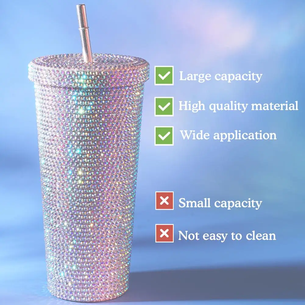 750ml Shining Rhinestone Stainless Steel Double Layer Cups Straw Cup With Lid Water Bottle Women Glitter Cup Water Cups