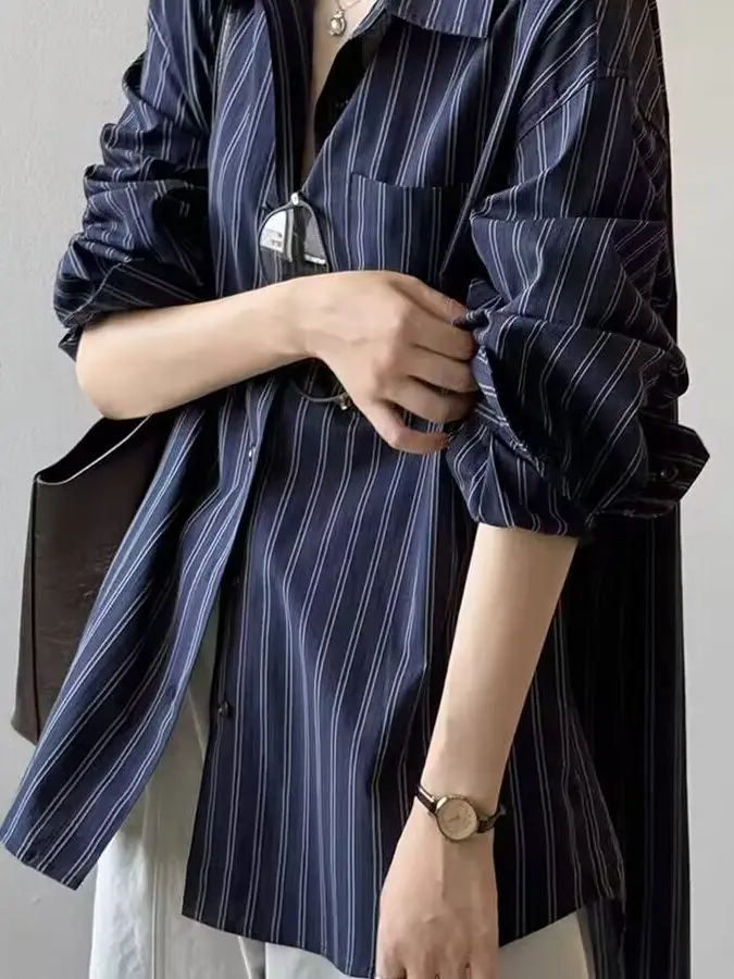 

Casual Style Long Sleeve Open Cardigan Loose Fit Stripe Pattern Slimming Drapey High-End Feel Women's plus Size Shirt