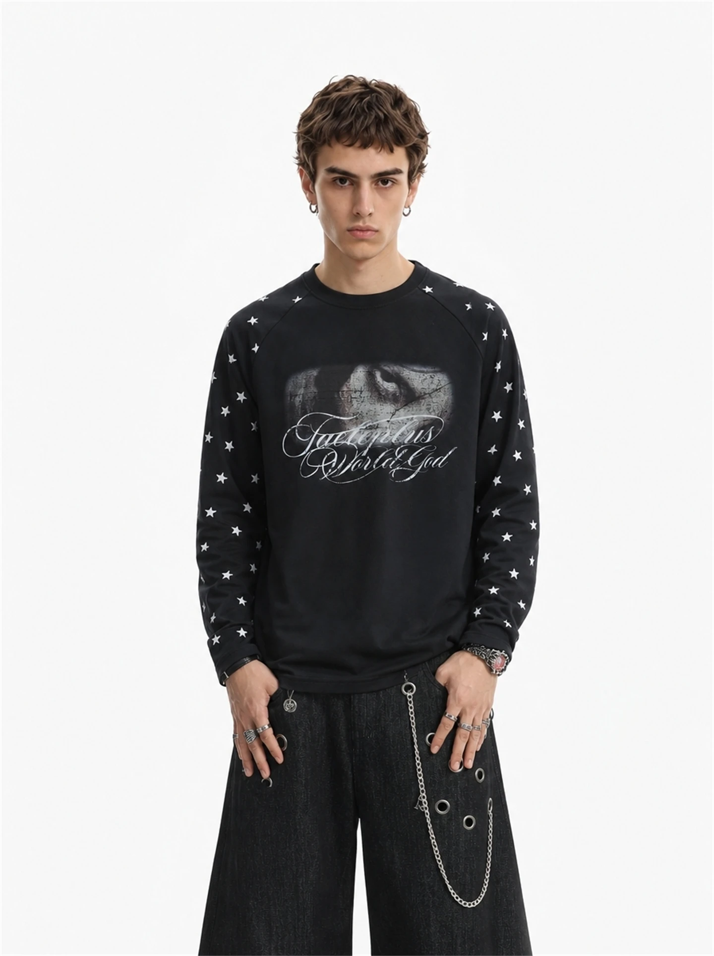 BETEBULE American High Street Long Sleeve T-Shirt Men's Fashion Print Design round Neck Star Patterned Top for Autumn