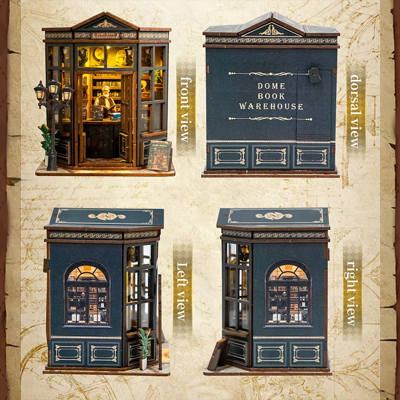 DIY Kuppel-Bücherregal Buchnische Holz-Miniaturmodell-Bausatz Buchstütze 3D-Puzzle mit LED-Beleuchtung für Freunde Geburtstagsgeschenke