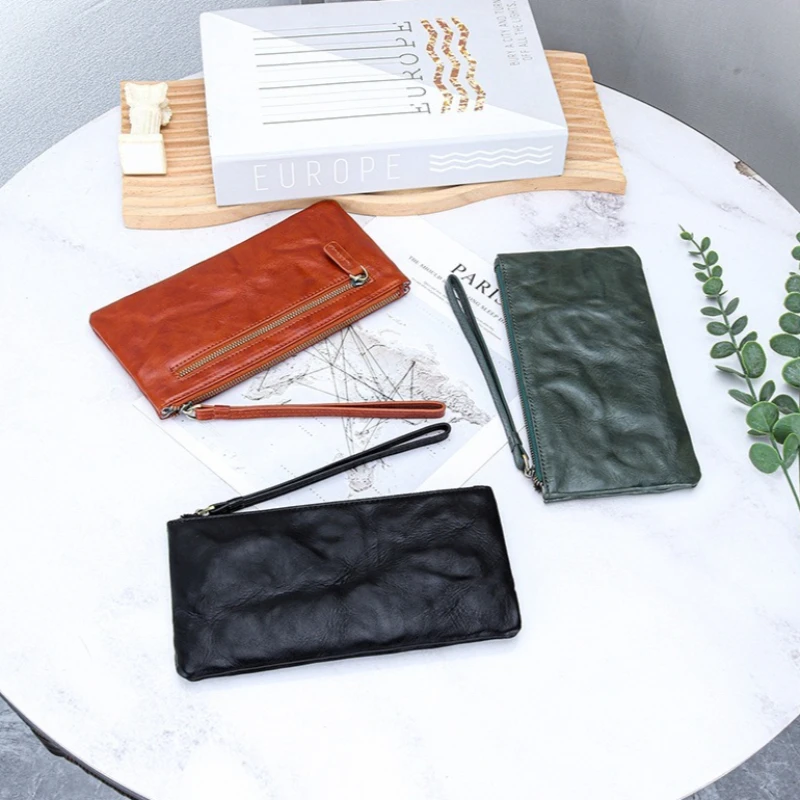 Women Crinkled Genuine Leather Wristlet Wallet Long Zipper Design Multi‑Card Slots Large Storage for Cell Phone Passport Cash