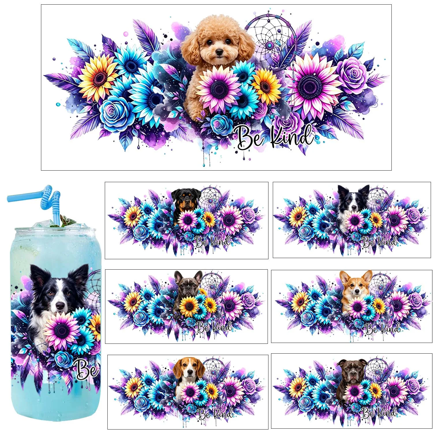Cute Puppy Animals 16oz Rub On UV DTF Transfer Sticker Waterproof DIY Decals 3D Transfers UVDTF Sticker 16oz UV DTF Cup Wraps