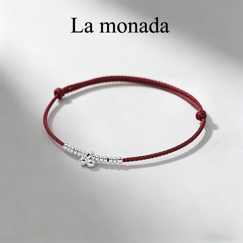 

La Monada 925 Sterling Silver Cherry Red String Bracelet Adjustable Tiny Silver Charm Lucky Red Thread Bracelet for Women