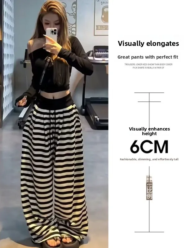 Slim Wide Leg Pants Women's Spring Autumn Loose Casual Striped Versatile Slimming Popular High Waist Straight Cut Trousers