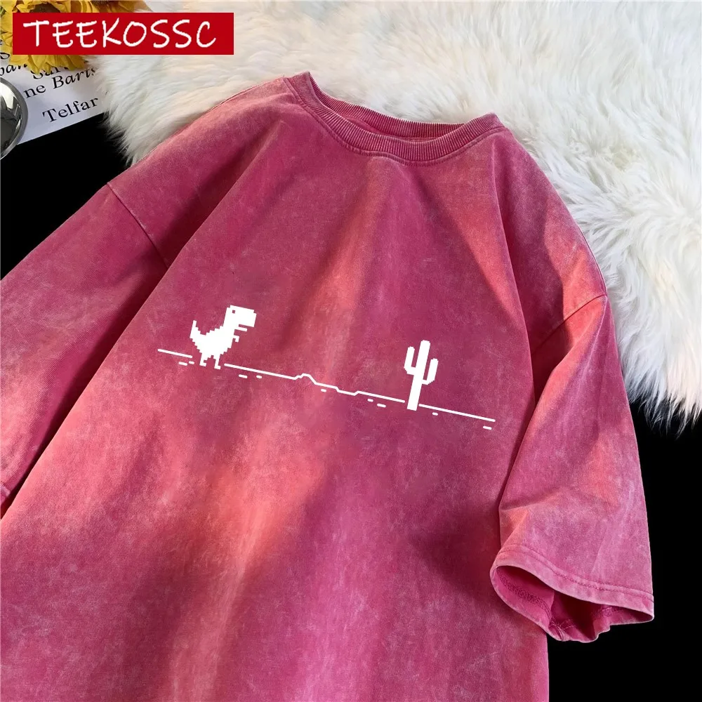 Mosaic Game Cactus Little Dinosaur Print Retro Men T-Shirts Snow Wash Casual T-Shirt Loose Cotton Sportwear Unisex Fashion Top