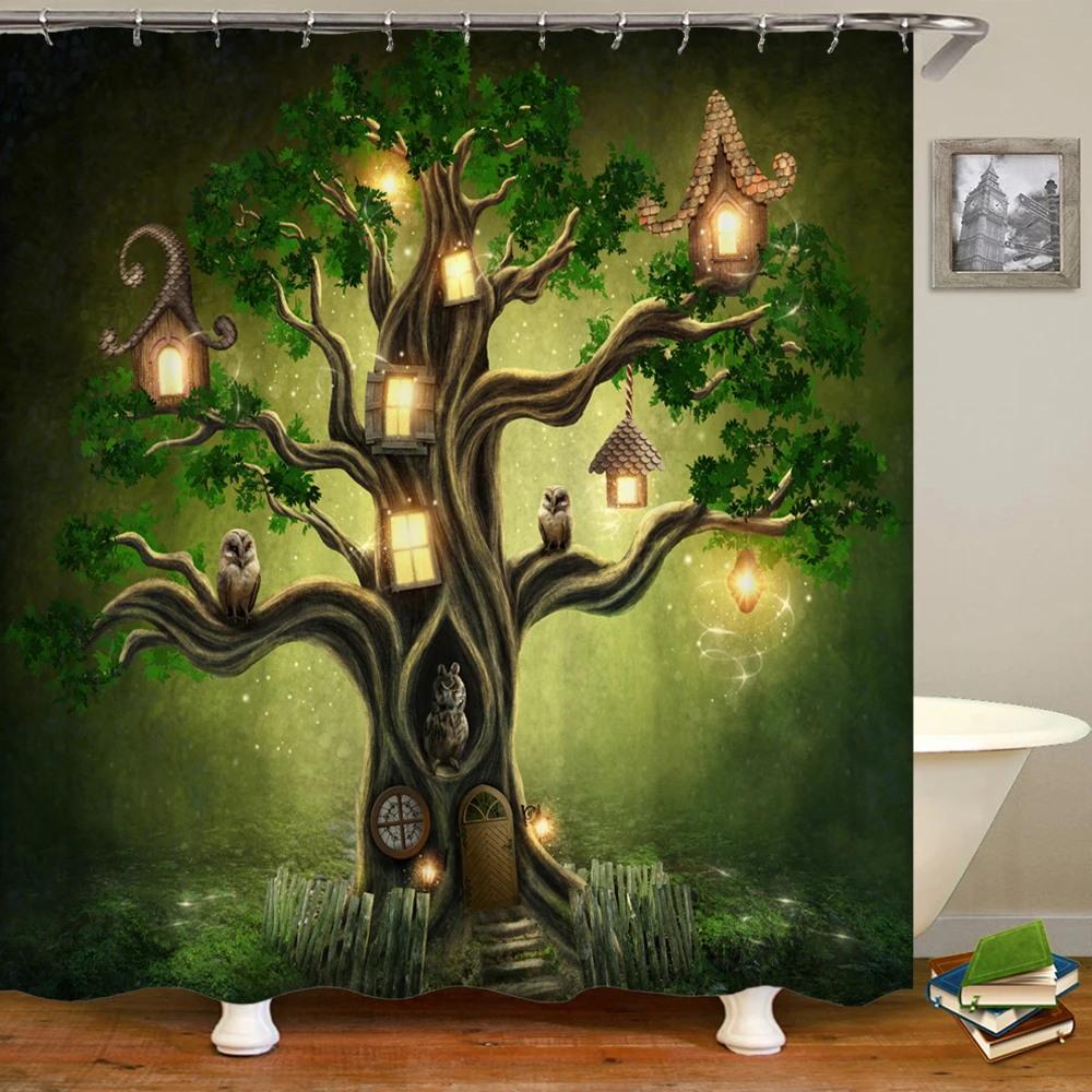 Fairy Dream Forest Shower Curtain Waterproof Bathroom Curtain Polyester Cartoon Fantasy Bath Curtain Home Decoration With Hooks