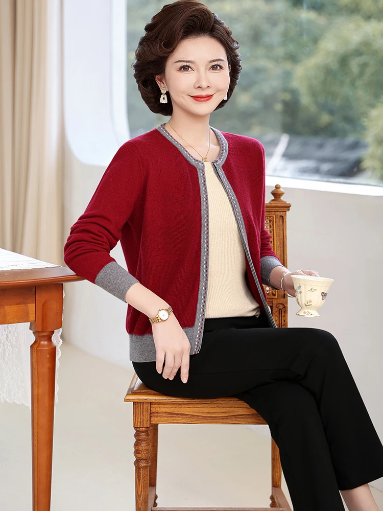 

00% чистая шерсть, весенне-осенний женский вязаный кардиган на молнии, круглая тонкая верхняя одежда Mom Sle Faion ape, свободная посадка