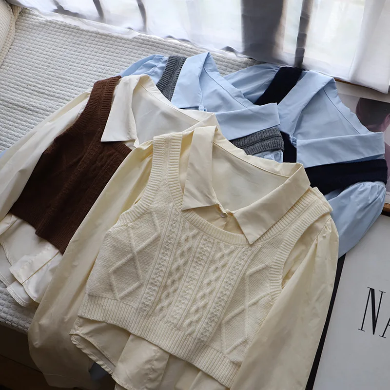 College Sle Long Sve Bubble irt Gilet lavorato a maglia Set due pezzi Autunno Nuova versione coreana Ele Top a strati irt