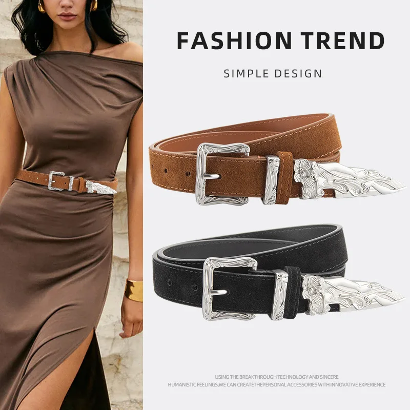 

Винтажные серебряные 3D изогнутые металлические поясные ремни для женщин, европейские замшевые джинсы из натуральной кожи в стиле панк, ремешок из коровьей кожи Cinturones Para Mujer