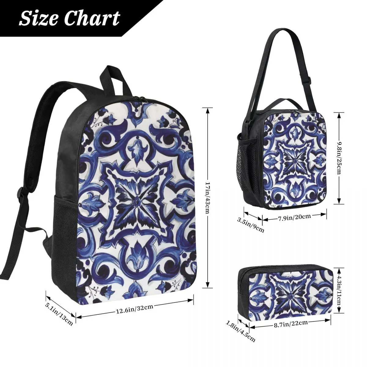 Blue Ornate Floral Mediterranean Sicilian Tile Backpack BookBag School Bag Shoulder Bags 3ps Insulated Lunch Bag Pencil Case