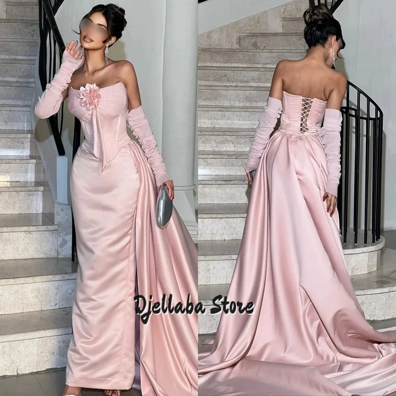

Customized High Quality Elegant Charmeuse Handmade Flower Pleat Straight Strapless Long Dresses Bespoke Occasion Dresses Formal