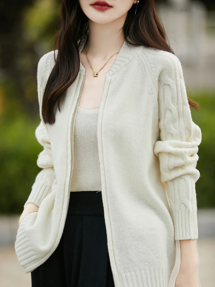 Pull en cachemire à manches longues pour femme, cardigan de style coréen, haut décontracté, 100% laine mérinos, dame de bureau, automne, hiver